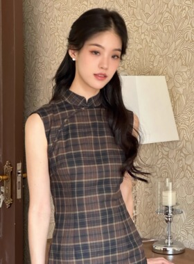 Ti提提  Yulia 复古咖色格子  中式无袖改良长款旗袍复古小众长裙