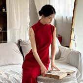 国风长款 Ti提提 改良无袖 新年红色中式 旗袍秋冬气质内搭长裙 皱玉