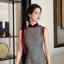 Ti提提  蝴蝶小姐 丝绒拼色 中式无袖改良长款旗袍