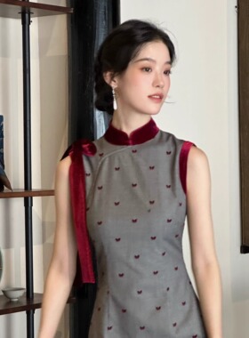 Ti提提  蝴蝶小姐 丝绒拼色 中式无袖改良长款旗袍