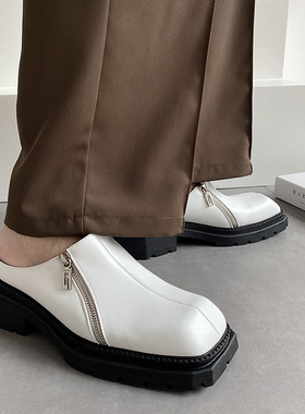 Fang even复古小皮鞋男夏季增高双拉链包头鞋白色方头厚底半拖鞋