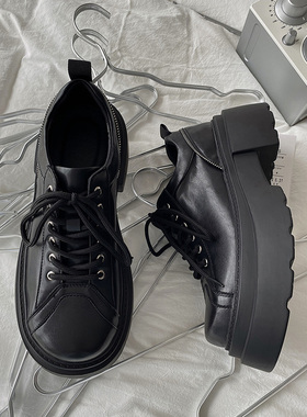 Fang even拉链设计厚底男皮靴黑色圆头6孔系带增高低帮马丁靴潮