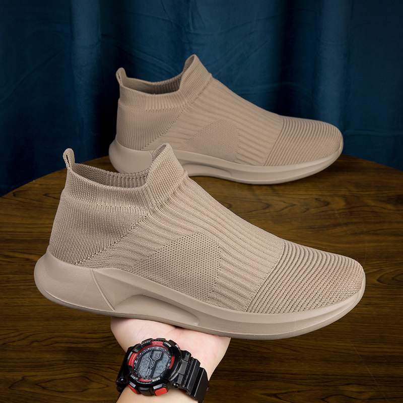 新款男鞋舒适软底运动懒人鞋网面一脚蹬男士防滑休闲飞织袜子鞋