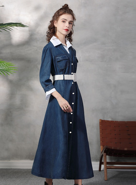 2025秋季新款西装领牛仔连衣裙复古气质收腰显瘦假两件长裙A82355