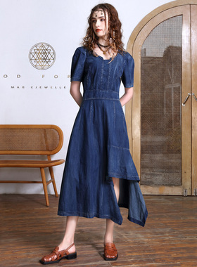 夏季新款不规则裙摆牛仔连衣裙收腰显瘦气质中长款裙子82508