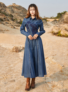 2025秋新款重工刺绣连衣裙宽松复古牛仔裙气质显瘦翻领长裙82375