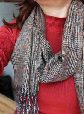 NASE  21_22年冬季欧洲订单小千鸟格精梳白绒精纺薄款流苏中性款