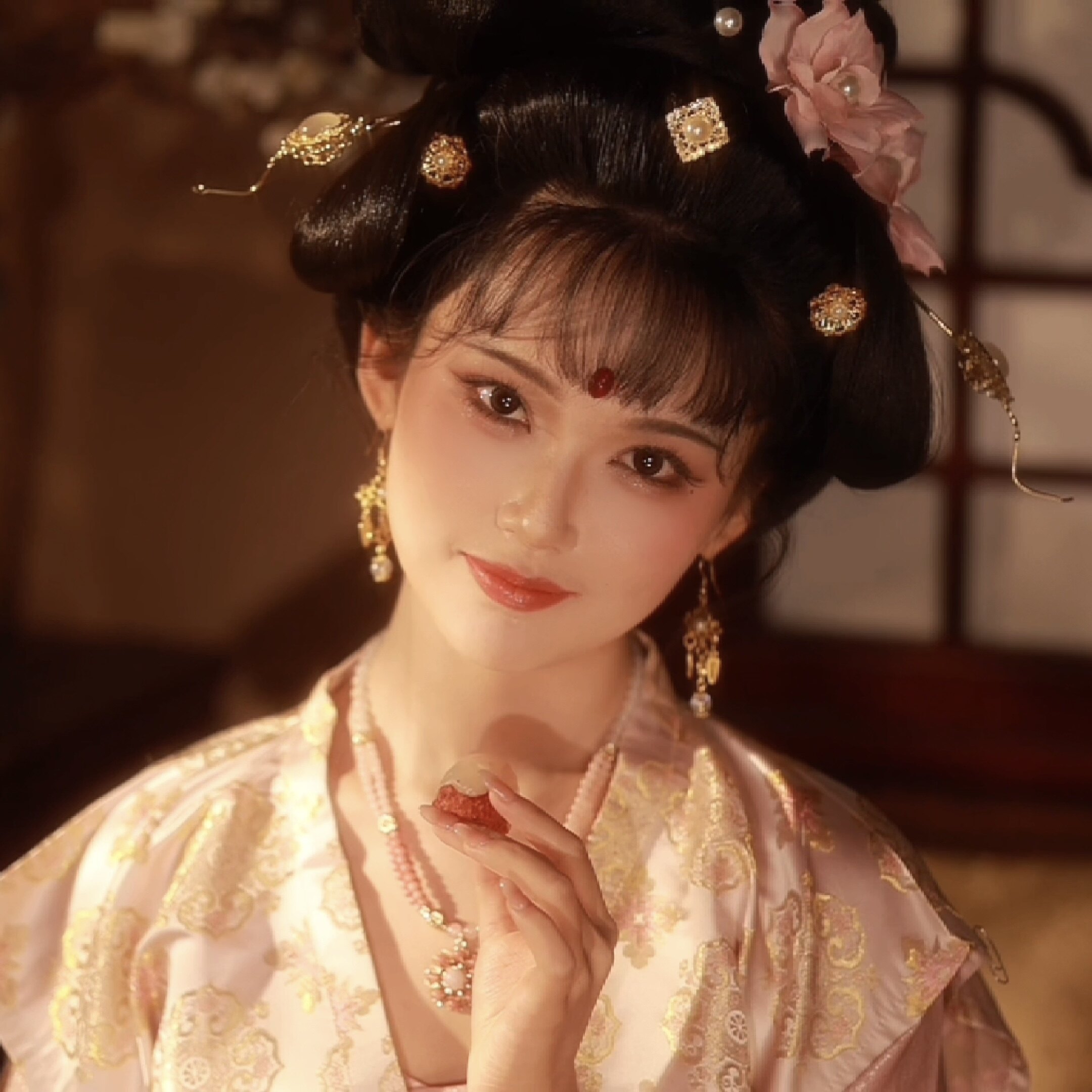【霜翎阁】少女杨贵妃同款饰品牡丹花粉色唐风汉服发簪钗套装古风 - 实物图