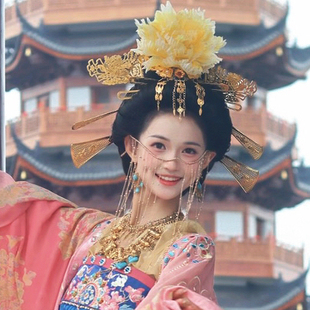 【霜翎阁】烫花唐风套装牡丹汉服配饰品面帘流苏额冠簪｛十六声｝