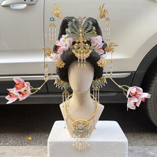 【霜翎阁】唐风烧蓝粉色兰花发簪汉服发饰品套装引路菩萨｛兰莞｝