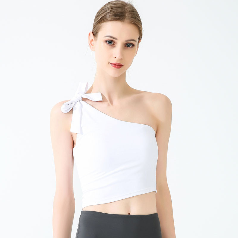 新款瑜伽服女不规则高弹速干运动健身训练性感单斜肩美背吊带上衣