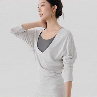 大U领运动罩衫女遮屁股慵懒宽松休闲普拉提蝙蝠袖长袖瑜伽服上衣