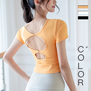 新款运动上衣女瑜伽服速干高弹美背镂空健身服跑步带胸垫圆领短袖