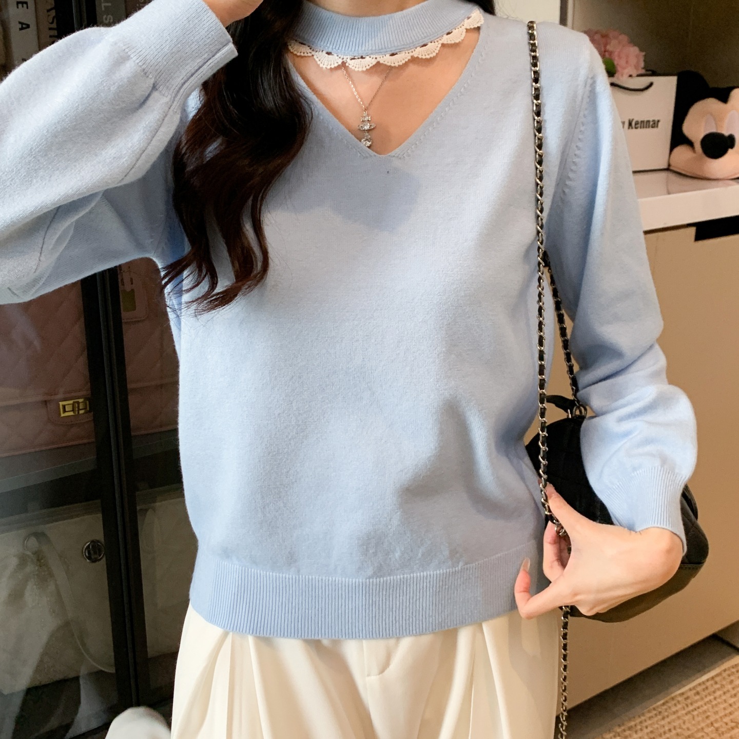 2025秋装新款设计感洋气镂空花边领百搭款针织衫毛衣女，女装针织衫/毛衣，衣嘉衣服饰