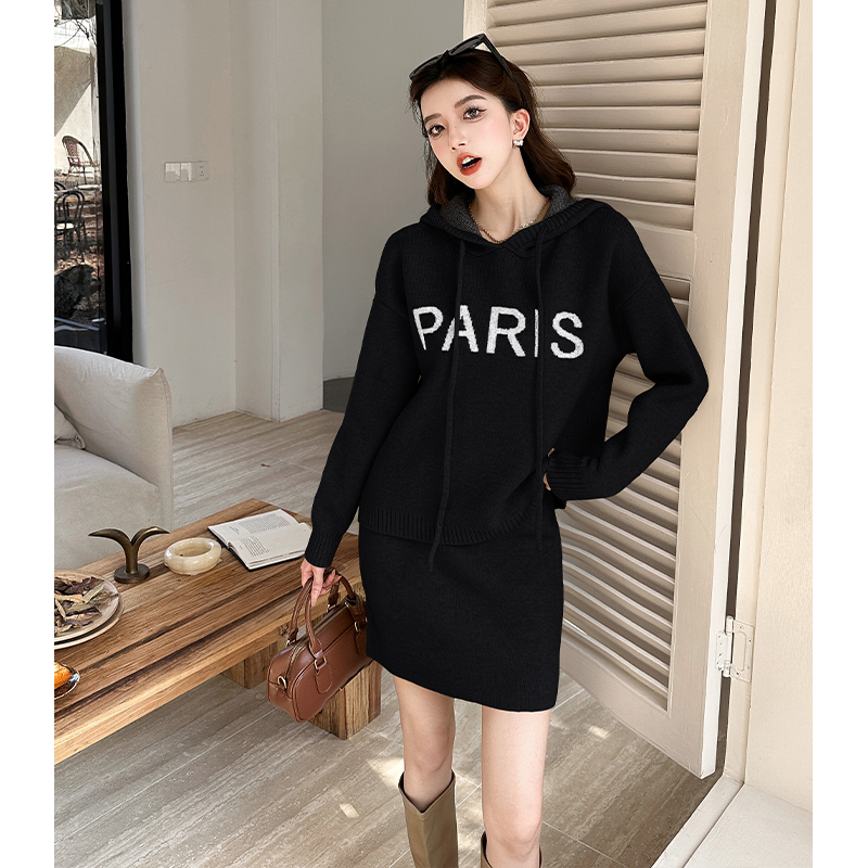 慵懒风复古软糯连帽针织上衣毛两件套字短裙半身裙毛衣两件套秋冬