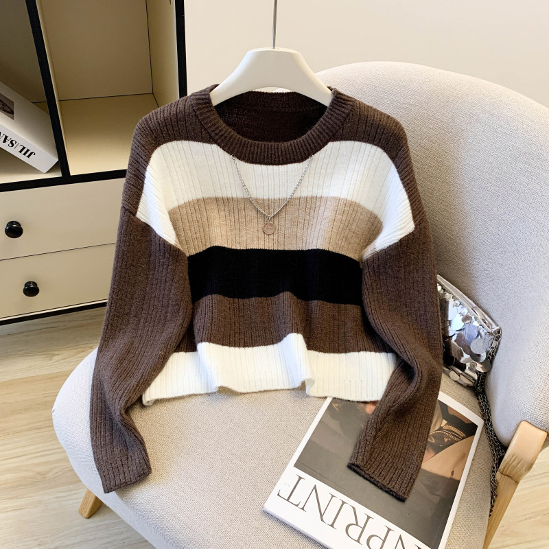 复古慵懒风毛衣2025冬款新款撞色条纹头套针织法式上衣,针织衫/毛衣,衣嘉衣服饰