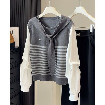 假两件拼色条纹披肩针织衫女秋冬