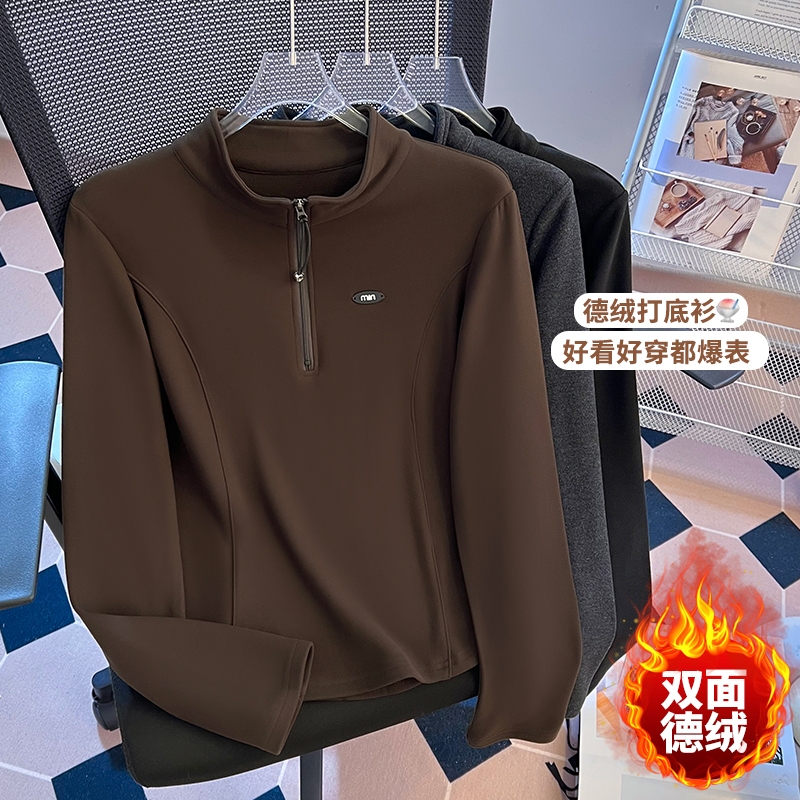 2025年半拉链立领柔软双面德绒长袖T恤女秋冬加厚打底衫上衣,女装T恤,衣嘉衣服饰 2025年半拉链立领柔软双面德绒长袖T恤女秋冬加厚打底衫上衣,女装T恤,衣嘉衣服饰