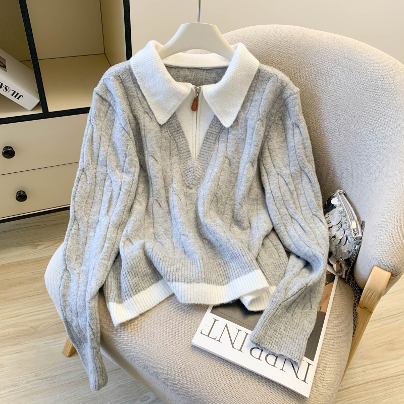 洋气时尚百搭polo拉链拼接撞色灰色假两件套头毛衣女针织衫，女装针织衫/毛衣，衣嘉衣服饰