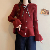 2025秋冬新款大码女小香风系带蝴蝶结荷叶边收腰显瘦针织上衣，商品下架区，衣嘉衣服饰