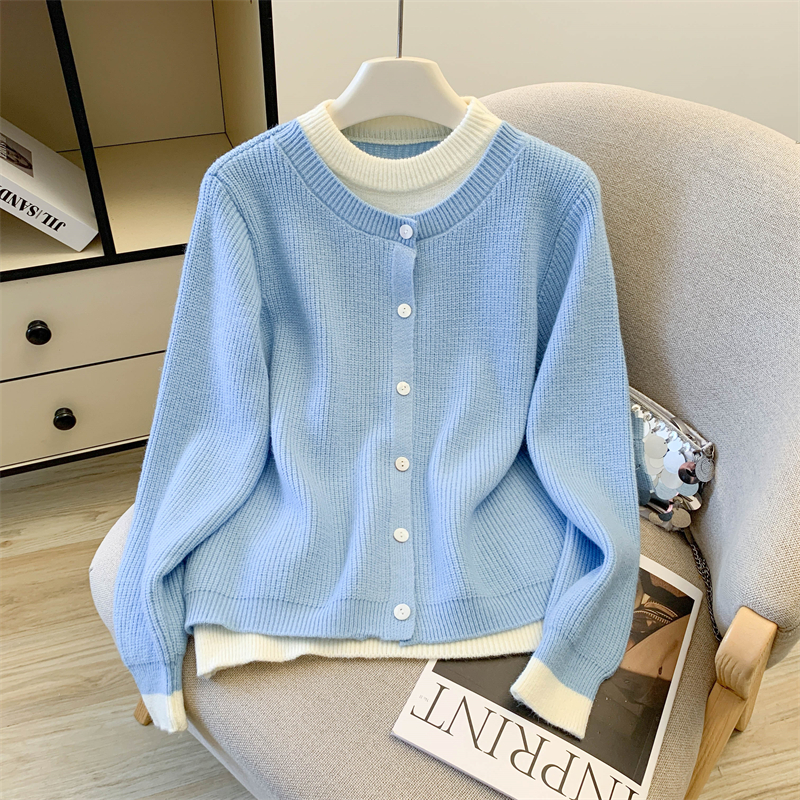 拼接撞色假两件针织衫打底套头毛衣上衣,女装针织衫/毛衣,衣嘉衣服饰 拼接撞色假两件针织衫打底套头毛衣上衣,女装针织衫/毛衣,衣嘉衣服饰