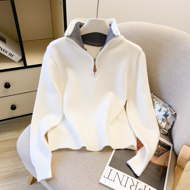 韩系设计感撞色领polo拉链针织毛衣女上衣,女装针织衫/毛衣,衣嘉衣服饰 韩系设计感撞色领polo拉链针织毛衣女上衣,女装针织衫/毛衣,衣嘉衣服饰