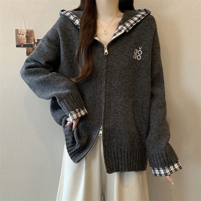 实拍大码简约连帽毛衣宽松慵懒风针织衫拼格外套上衣