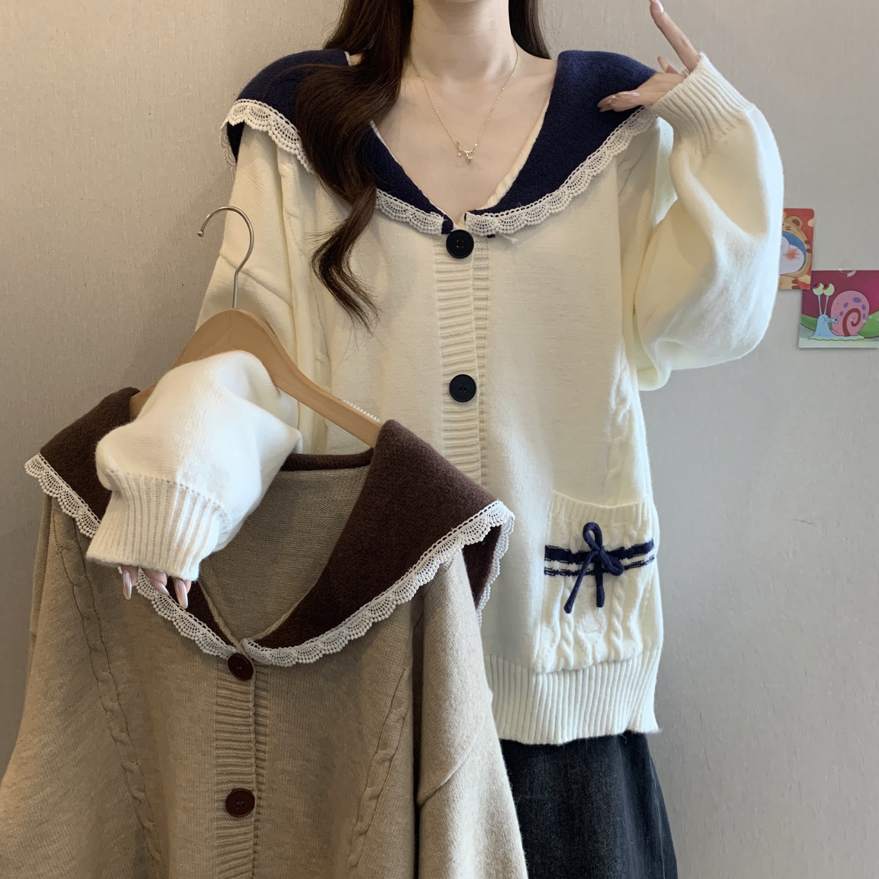 大码2025秋冬新款胖mm甜美可爱宽松海军领毛衣慵懒开衫上衣，女装大码女装，衣嘉衣服饰