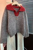 撞色翻领套头宽松长袖毛衣外穿女秋冬季休闲慵懒风松弛感上衣，女装针织衫/毛衣，衣嘉衣服饰