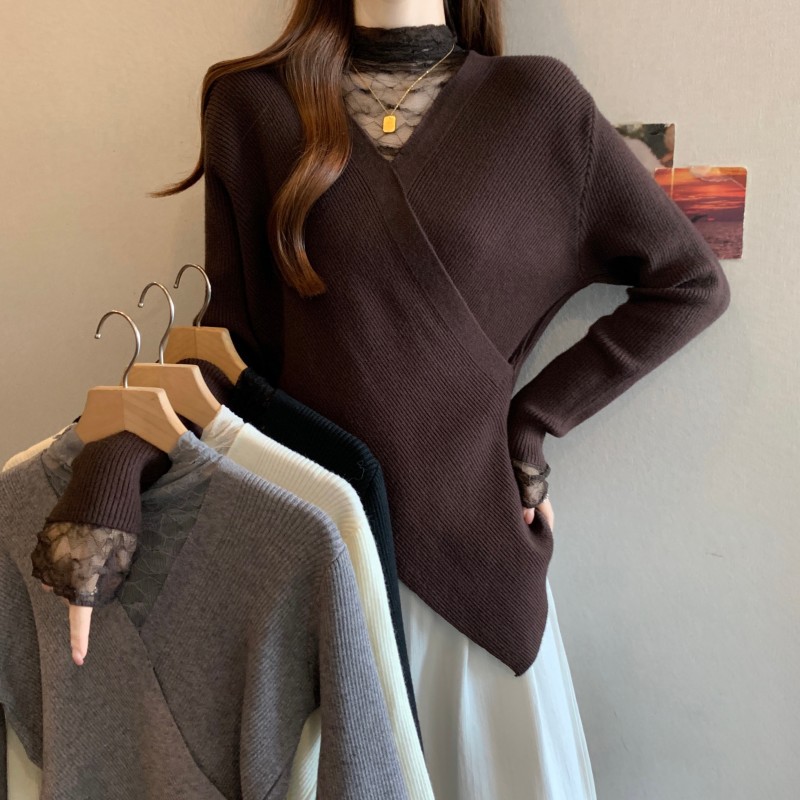 ~大码胖MM秋冬新款蕾丝V领交叉不对称下摆收腰套头长袖针织衫，女装大码女装，衣嘉衣服饰