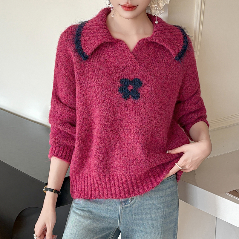 秋冬新款设计感软糯翻领毛衣菱形花朵提花拼色套头针织衫女,女装针织衫/毛衣,衣嘉衣服饰 秋冬新款设计感软糯翻领毛衣菱形花朵提花拼色套头针织衫女,女装针织衫/毛衣,衣嘉衣服饰