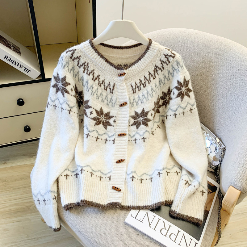 洋气设计感小众加厚费尔岛学院风撞色开衫毛衣女外套，女装针织衫/毛衣，衣嘉衣服饰