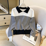 2025秋装新款洋气设计感POLO领条纹撞色针织衫毛衣女，女装针织衫/毛衣，衣嘉衣服饰