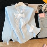 蕾丝蝴蝶结拼接宽松长袖毛衣女秋冬新款慵懒风甜美针织衫上衣，女装针织衫/毛衣，衣嘉衣服饰