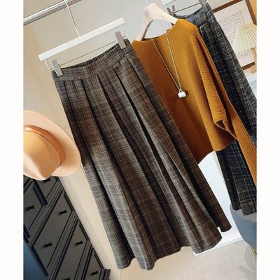 秋冬加厚格子毛呢百褶半身裙女2025韩版学院风高腰a字休闲中长裙