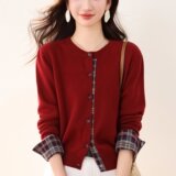 韩系学院风针织圆领开衫拼接假两件春秋气质显瘦短款，女装针织衫/毛衣，衣嘉衣服饰