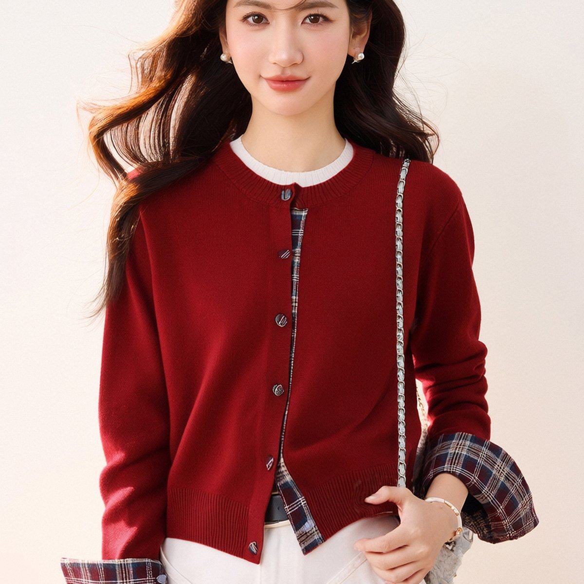 韩系学院风针织圆领开衫拼接假两件春秋气质显瘦短款,针织衫/毛衣,衣嘉衣服饰