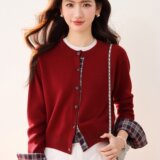 韩系学院风针织圆领开衫拼接假两件春秋气质显瘦短款，女装针织衫/毛衣，衣嘉衣服饰