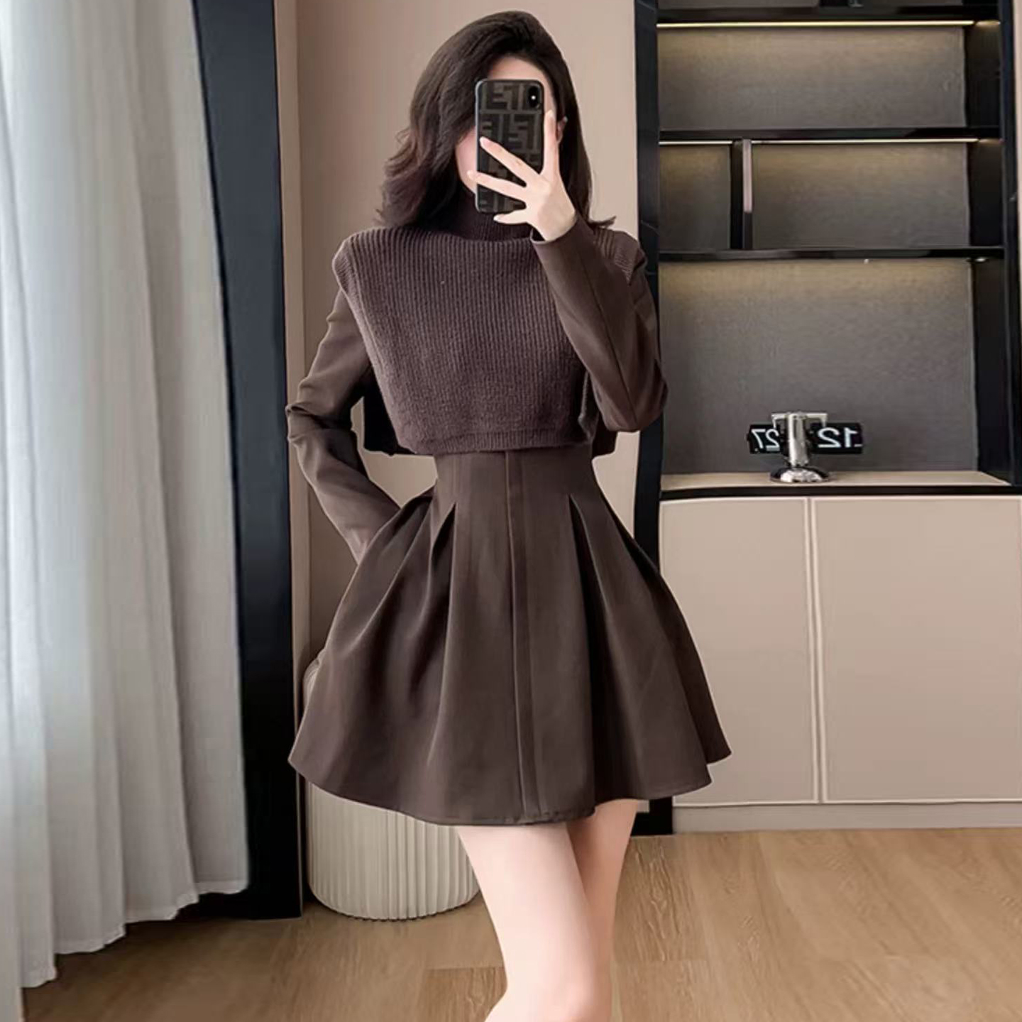 :成熟御姐热力感穿搭针织披肩西装裙套装，女装套装/套裙，衣嘉衣服饰