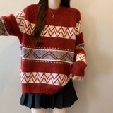 ~大码胖MM秋冬新款圆领费尔岛套头圣诞过年红长袖上衣毛衣，女装大码女装，衣嘉衣服饰