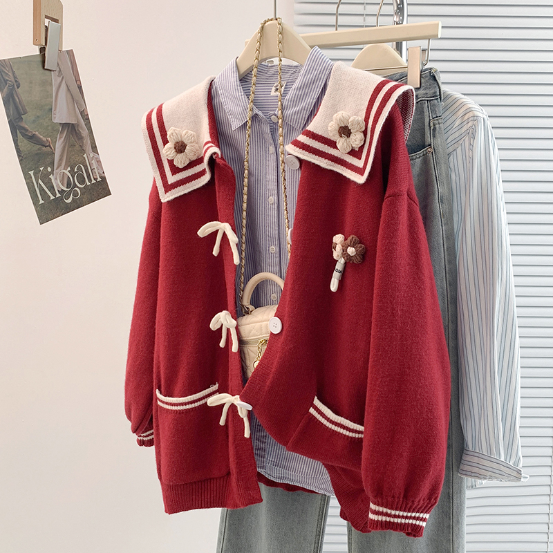 海军领立体花朵毛衣外套女秋冬2025新款宽松慵懒风设计感针织开衫,女装大码女装,衣嘉衣服饰 海军领立体花朵毛衣外套女秋冬2025新款宽松慵懒风设计感针织开衫,女装大码女装,衣嘉衣服饰