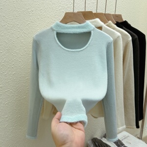 半高领镂空针织毛衣女秋冬加厚坑条修身内搭温柔风保暖打底衫图片