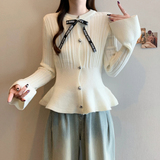 2025秋冬新款大码女小香风系带蝴蝶结荷叶边收腰显瘦针织上衣，商品下架区，衣嘉衣服饰