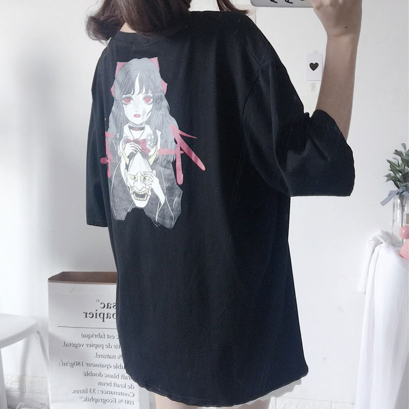 2018新款夏季女装日系软妹复古暗黑卡通少女印花宽松短袖T恤上衣