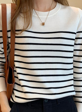 黑白条纹纯棉针织衫春秋毛衣打底衫女2024年新款精纺棉上衣不起球