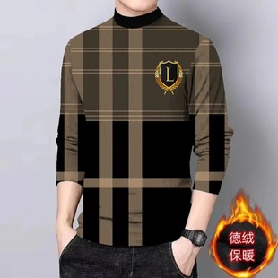 精品3D印花 格子休闲长袖 秋冬半高领男士 德绒上衣加绒加厚t恤经典