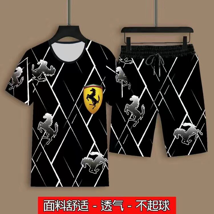 夏季男士短袖短裤套装民族风3D印花龙图案个性上衣圆领痞帅两件套
