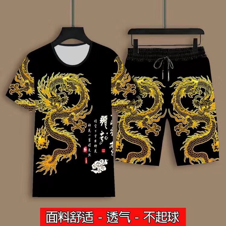 夏季男士短袖短裤套装中国风3D印花龙图案国潮上衣圆领复古两件套