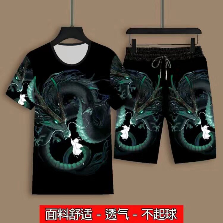 夏季男士短袖短裤套装民族风3D印花龙图案时尚个性上衣圆领两件套