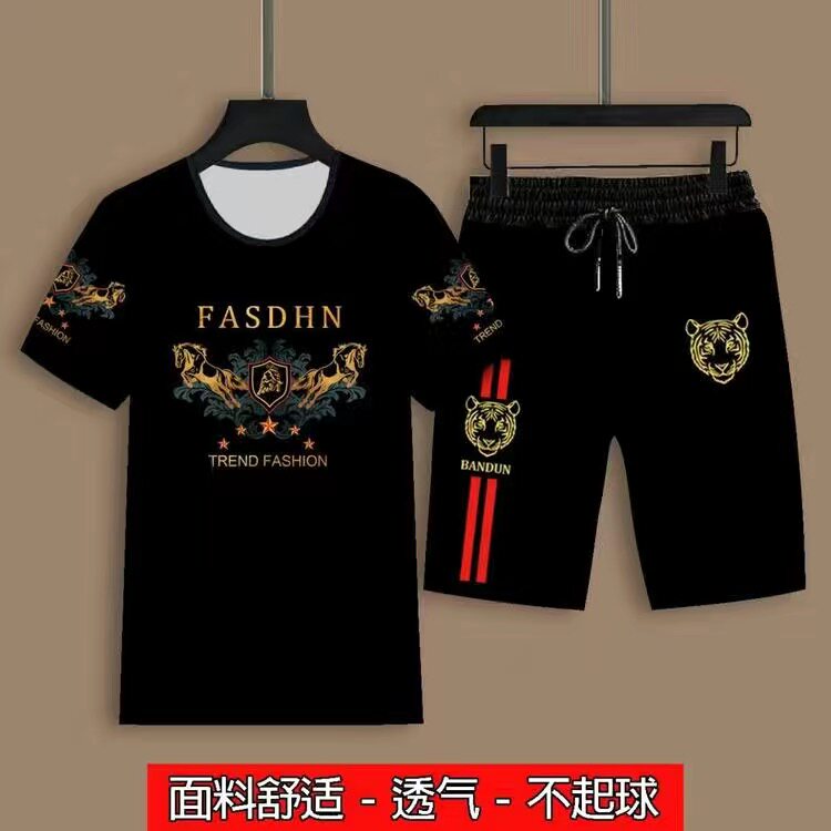 夏季男士短袖短裤套装中国风3D印花龙图案个性上衣圆领百搭两件套